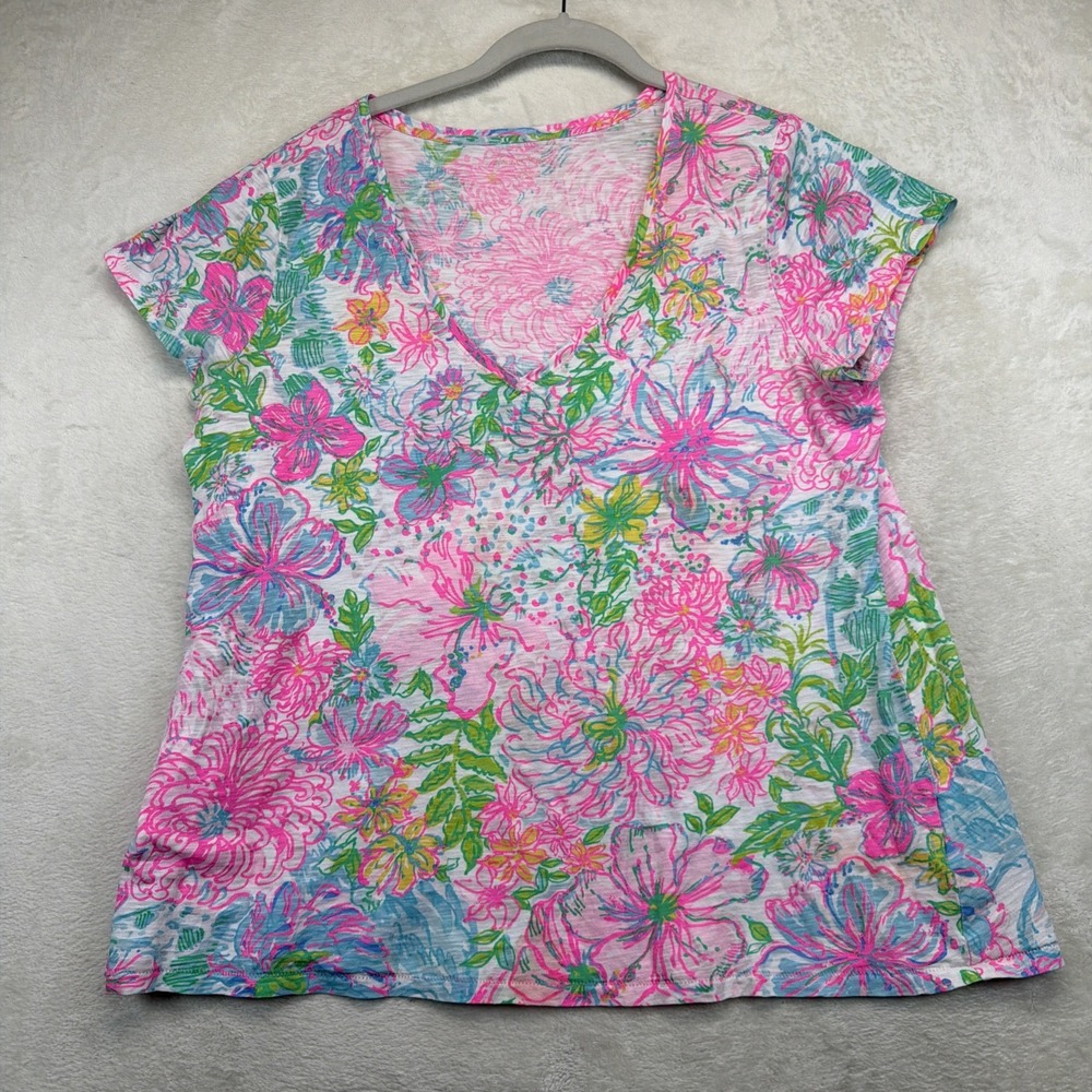 Lilly Pulitzer Etta Women's XL Pink Floral V-Neck Pima Cotton Slub Tee Top